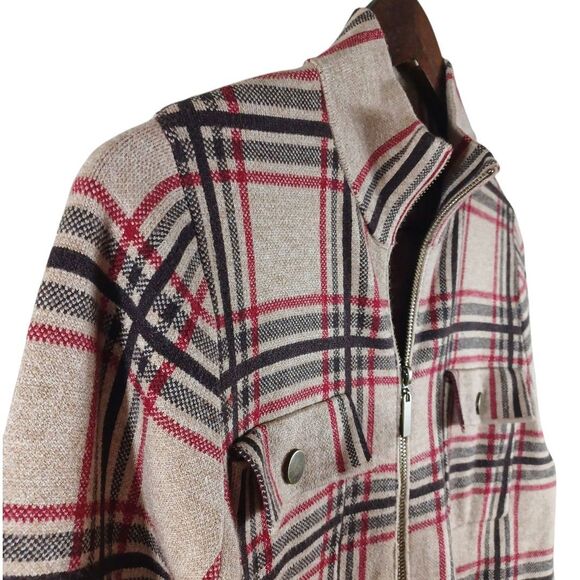 Rachel Zoe NWT Plaid Moto Jacket Sz M Zip Front Snap Pockets Red Beige Check - Picture 3 of 10